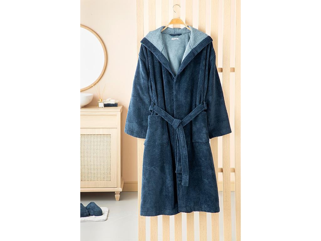 Softy Triga With Cotton Hoodie Bathrobe L-XL Dark Blue