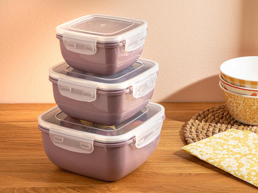 Stella Plastic 3 pcs Square Storage Box Set 500-900-1500 ml Damson