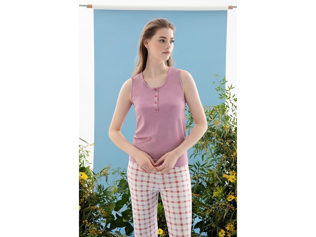 Summer Check Viscose Women Pajama Set M Lilac.
