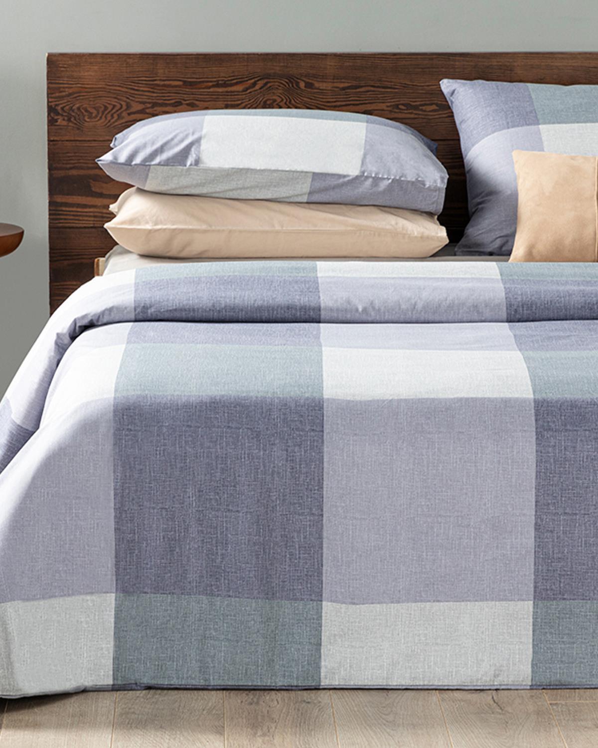 Textured Plaid Set Lenjerie De Pat Single, Bumbac, 160*220 Cm, Mentă - Roz Deschis