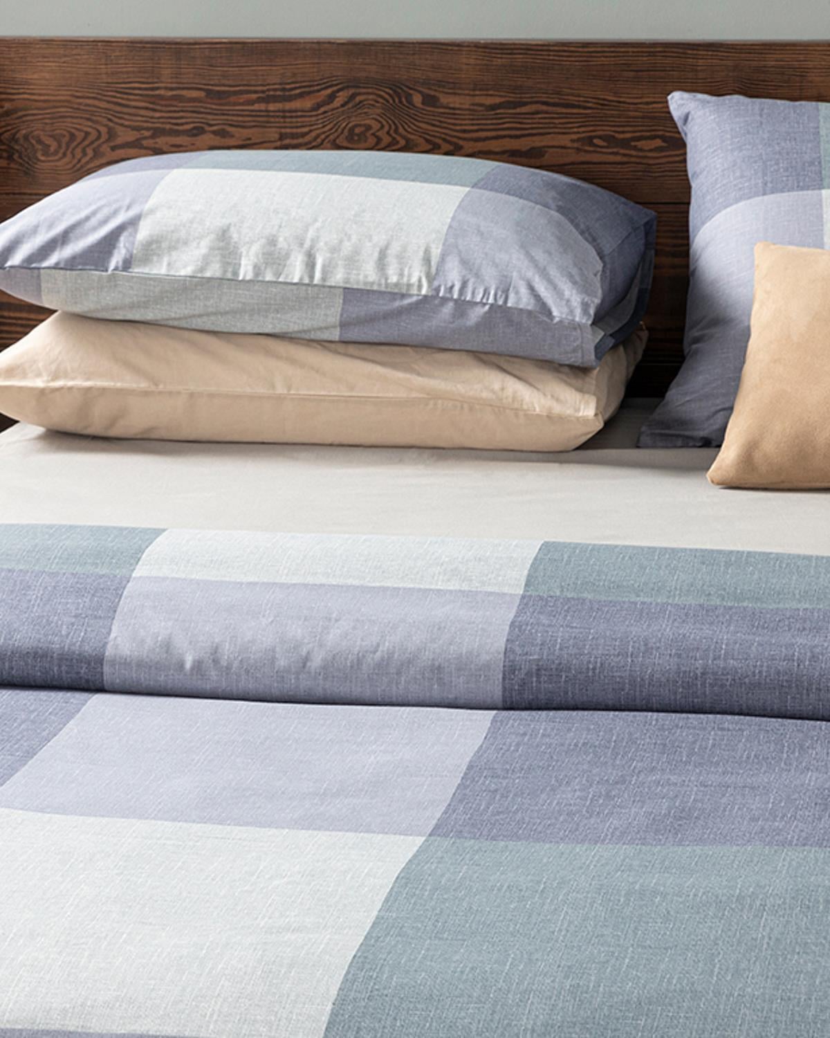Textured Plaid Set Lenjerie De Pat Single, Bumbac, 160*220 Cm, Mentă - Roz Deschis