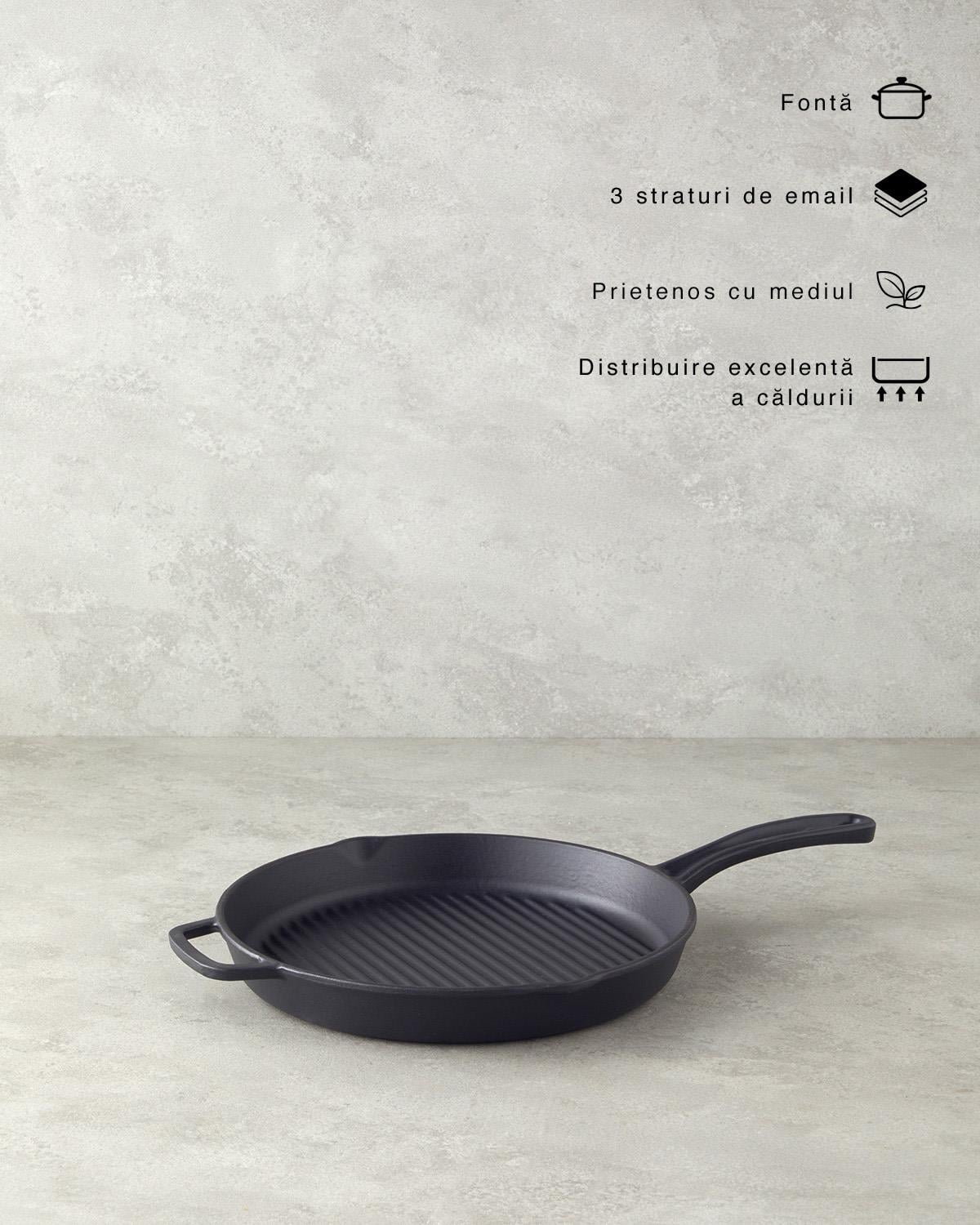 Tigaie grill rotunda, Hecha, fonta, 28x4 cm, negru