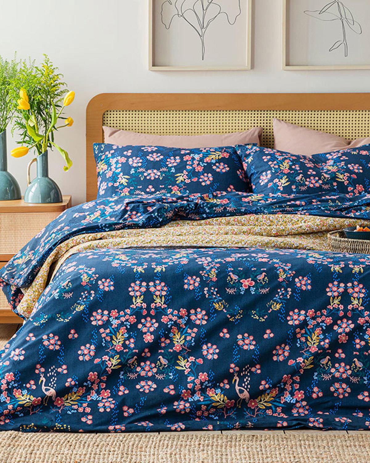 Timeless Bloom Bumbac Single Set Lenjerie De Pat 160*220 Cm Albastru închis