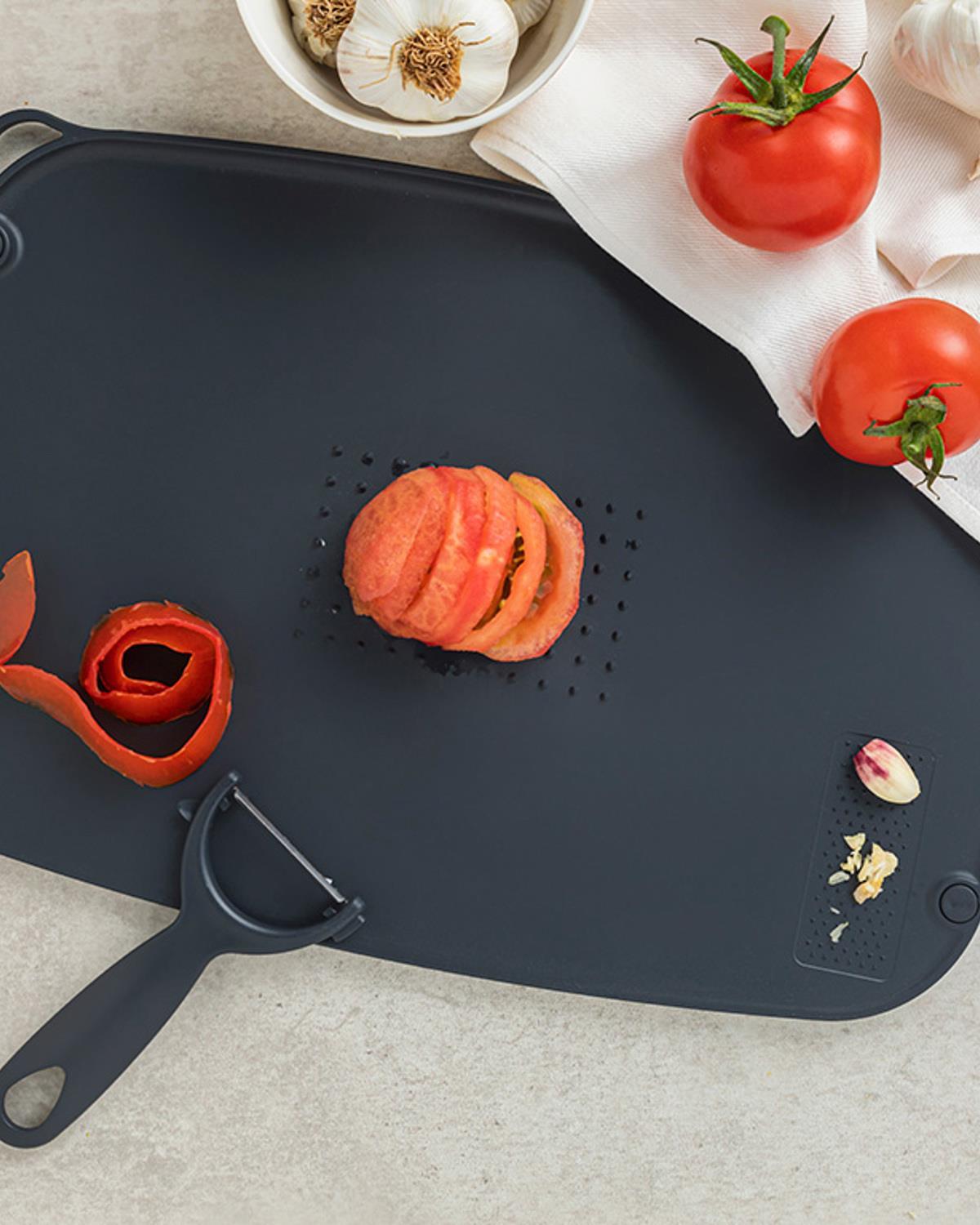 Tocător- curățător, Cutting Set, plastic, 37x26 cm, gri antracit