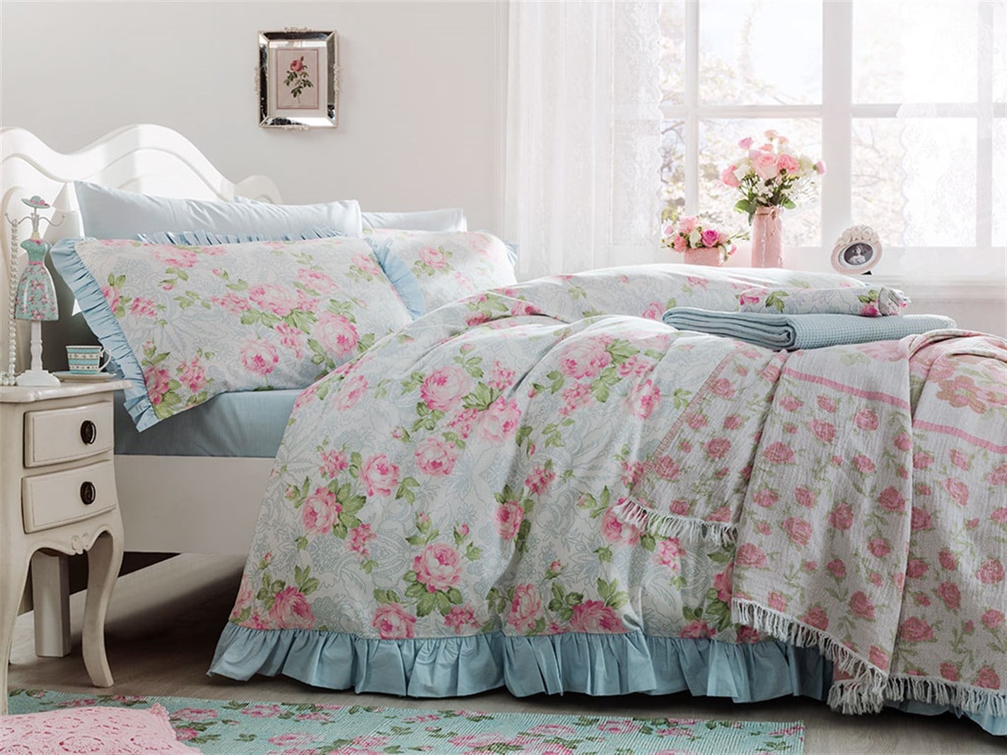 Trandafir de mână 57 Tel / 144 Numărul de fir Dimensiune dublă zdrobită 200x220 cm Roz