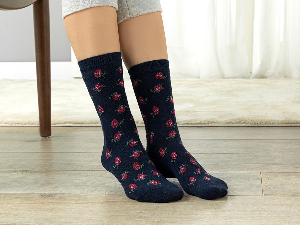 Red Rose Bamboo Women Long Length Sock 36-40 Dark Blue