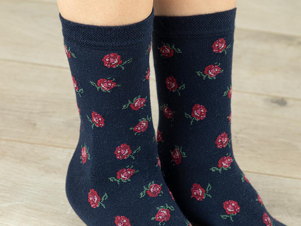 Red Rose Bamboo Women Long Length Sock 36-40 Dark Blue