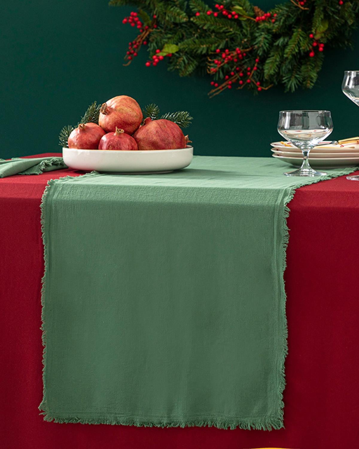 Traversă de masă, Smooth Fringes,, Bumbac, 40x150 Cm, verde