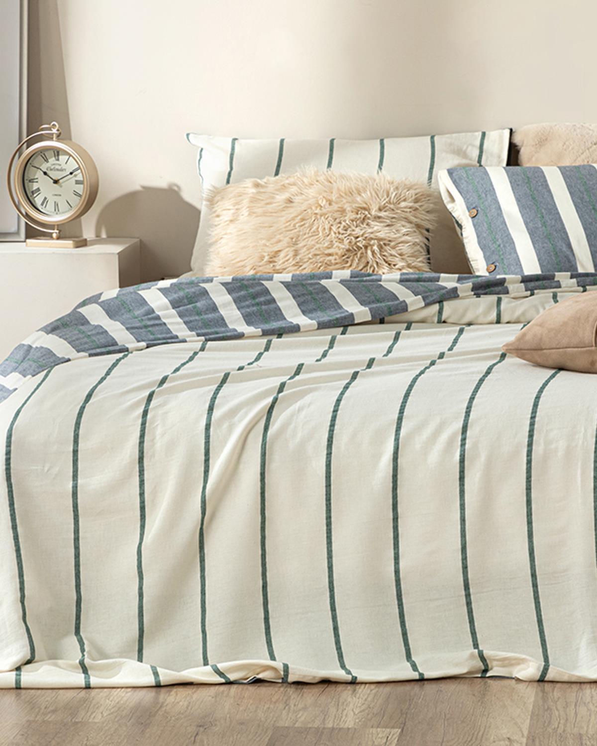 Vittate Natural Vopsit în Fire Single Set Lenjerie De Pat 160x220 cm Bleumarin - Verde.