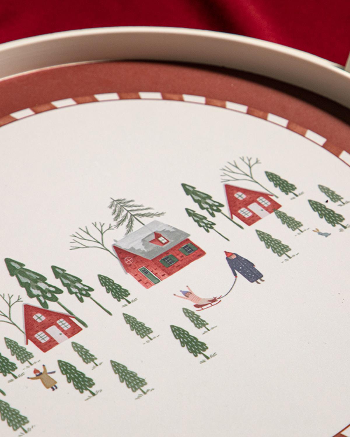 Winter Landscape Melamine Cake Bell Glass 31 cm Claret Red
