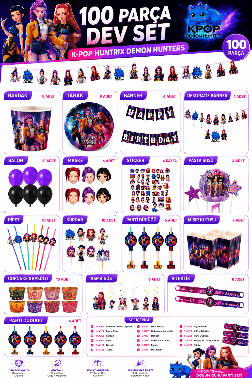 100 Parçalı Dev K-pop Hunter-x Doğum Günü Parti Seti