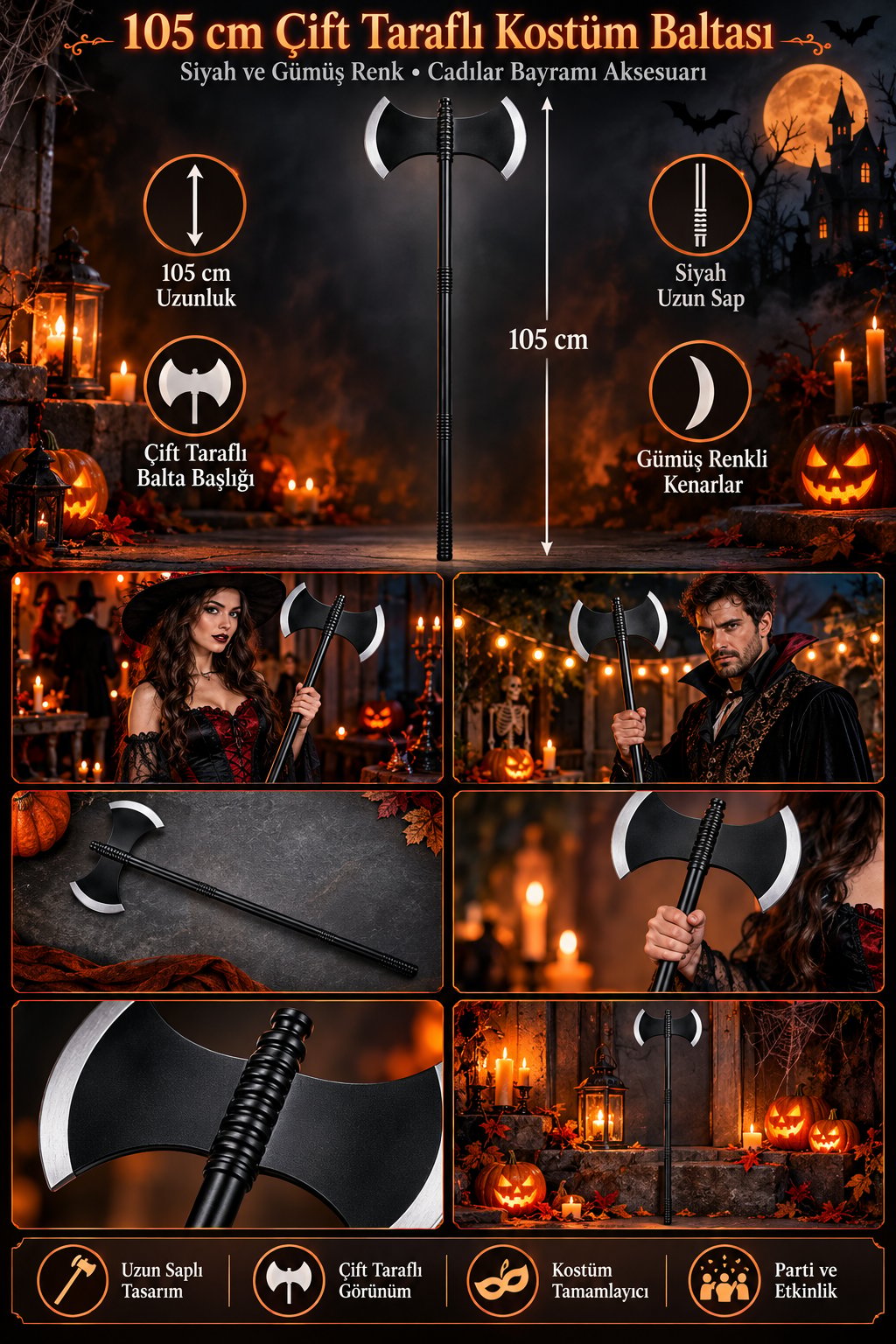 105 Cm Çift Taraflı Balta Halloween Kostüm Aksesuarı Siyah Gümüş Dekoratif Parti Baltası