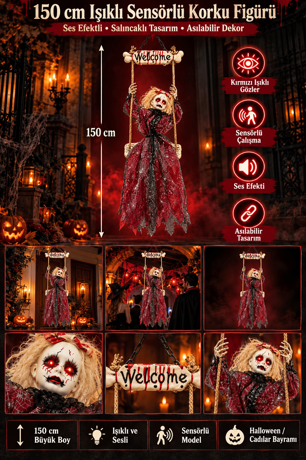 150 cm Işıklı Sensörlü Sesli Halloween Sallanan Korku Figürü Asılabilir Cadı Dekoru