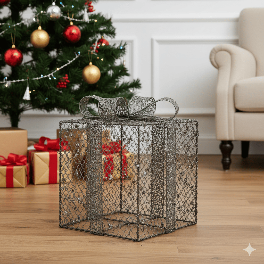 15x 15 cm Yılbaşı Hediye Paketi Metal - Payetli Pullu Lüks Gold-Gümüş Boncuklu Noel ağaç altı süsü