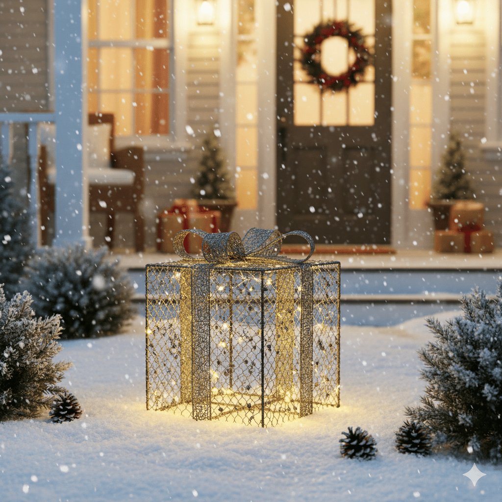 15x 15 cm Yılbaşı Hediye Paketi Metal - Payetli Pullu Lüks Gold-Gümüş Boncuklu Noel ağaç altı süsü