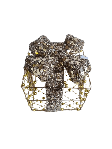 15x15 cm Yılbaşı Hediye Paketi Metal Süs - Gold Gümüş Payetli Boncuklu Lüks Noel Ağaç Altı Dekorasyonu