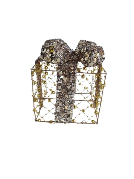 15x15 cm Yılbaşı Hediye Paketi Metal Süs - Gold Gümüş Payetli Boncuklu Lüks Noel Ağaç Altı Dekorasyonu