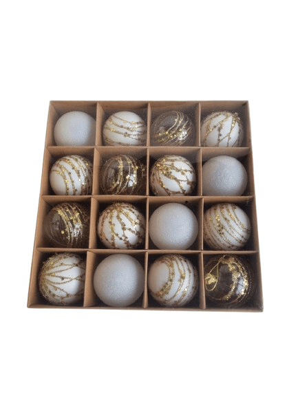 16 Adet Yılbaşı Ağacı Top Süsü (6 cm) - Beyaz Şeffaf Gold İşlemeli Lüks Dekorasyon Seti (Özel PVC Kraft Kutulu)