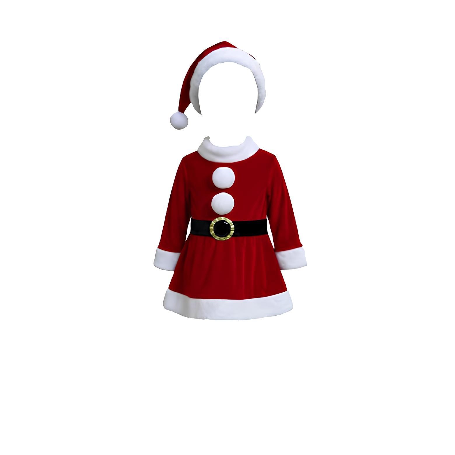 2–3 Yaş Kız Çocuk Noel Baba Kostümü – Şapkalı ve Kemerli Yılbaşı Elbise Seti