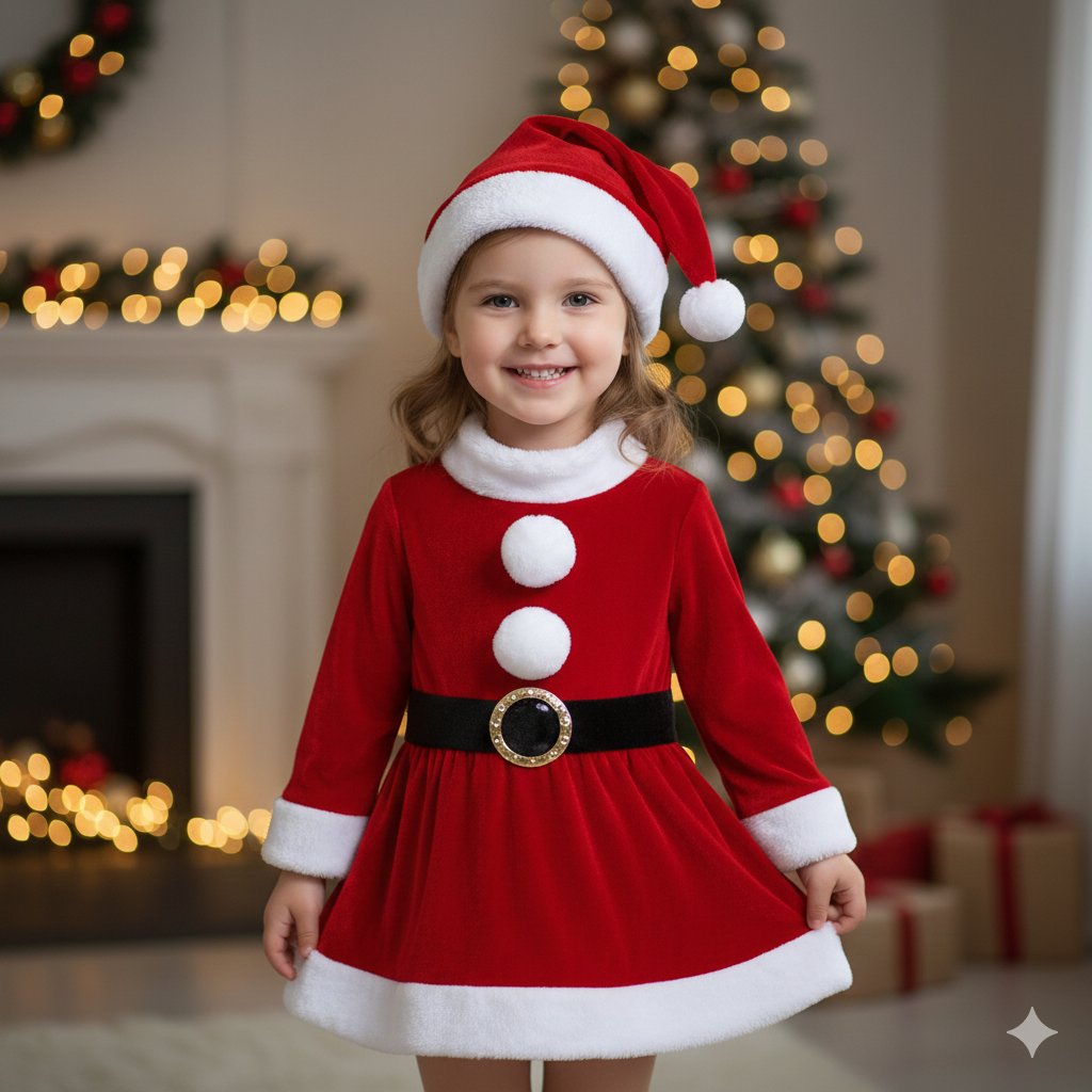 2–3 Yaş Kız Çocuk Noel Baba Kostümü – Şapkalı ve Kemerli Yılbaşı Elbise Seti