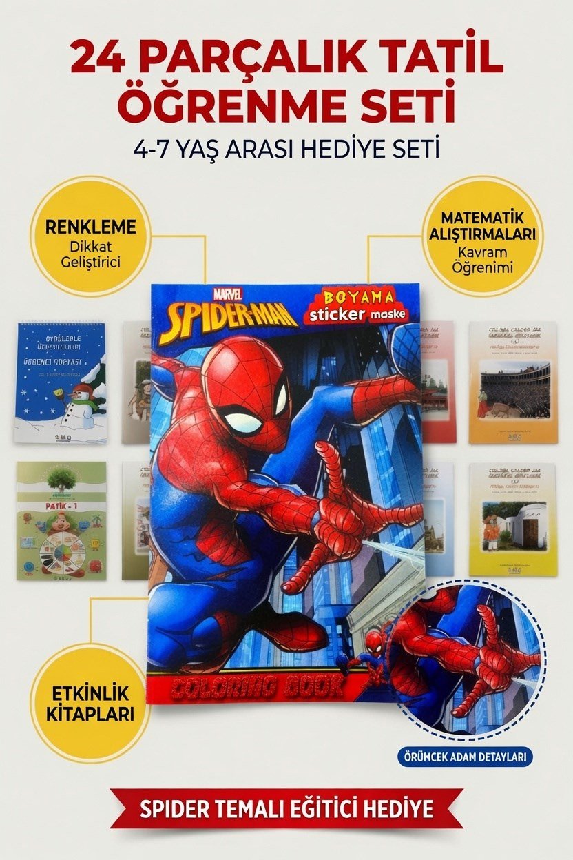 24 lü Tatil Seti Etkinlik-kavram-Boyama-Dikkat-matematik 4-7 yaş + Spider maske boyama stickers
