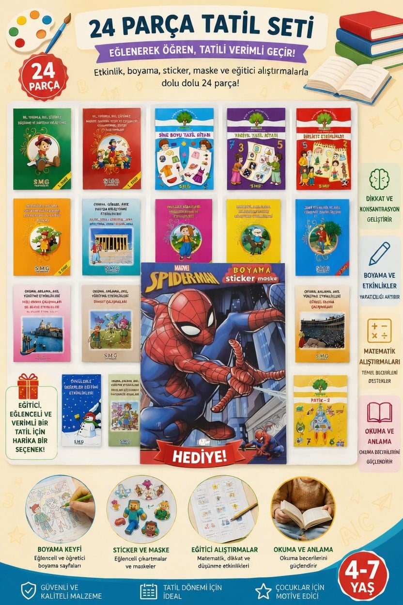 24 lü Tatil Seti Etkinlik-kavram-Boyama-Dikkat-matematik 4-7 yaş + Spider maske boyama stickers