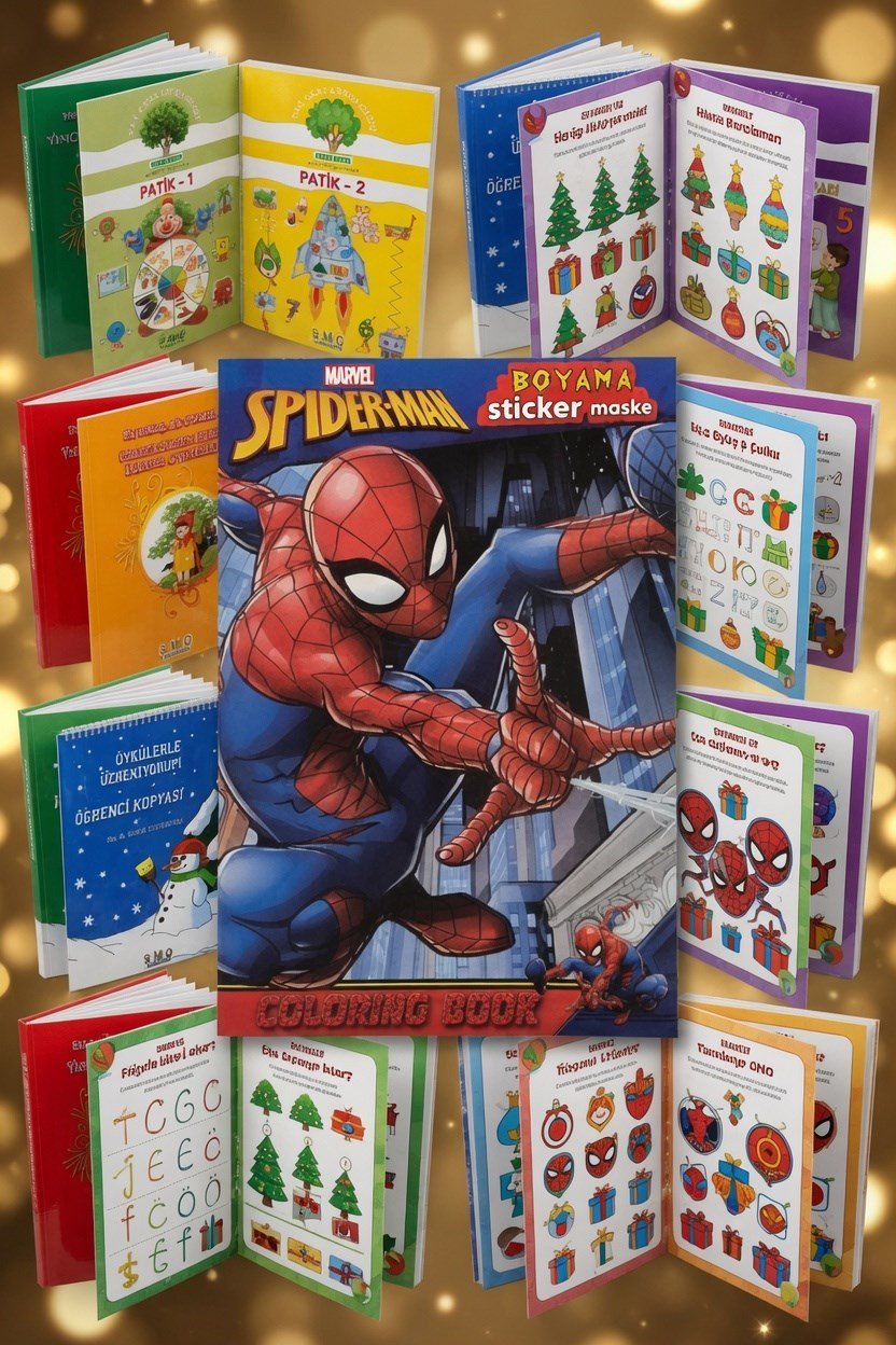 24 lü Tatil Seti Etkinlik-kavram-Boyama-Dikkat-matematik 4-7 yaş + Spider maske boyama stickers