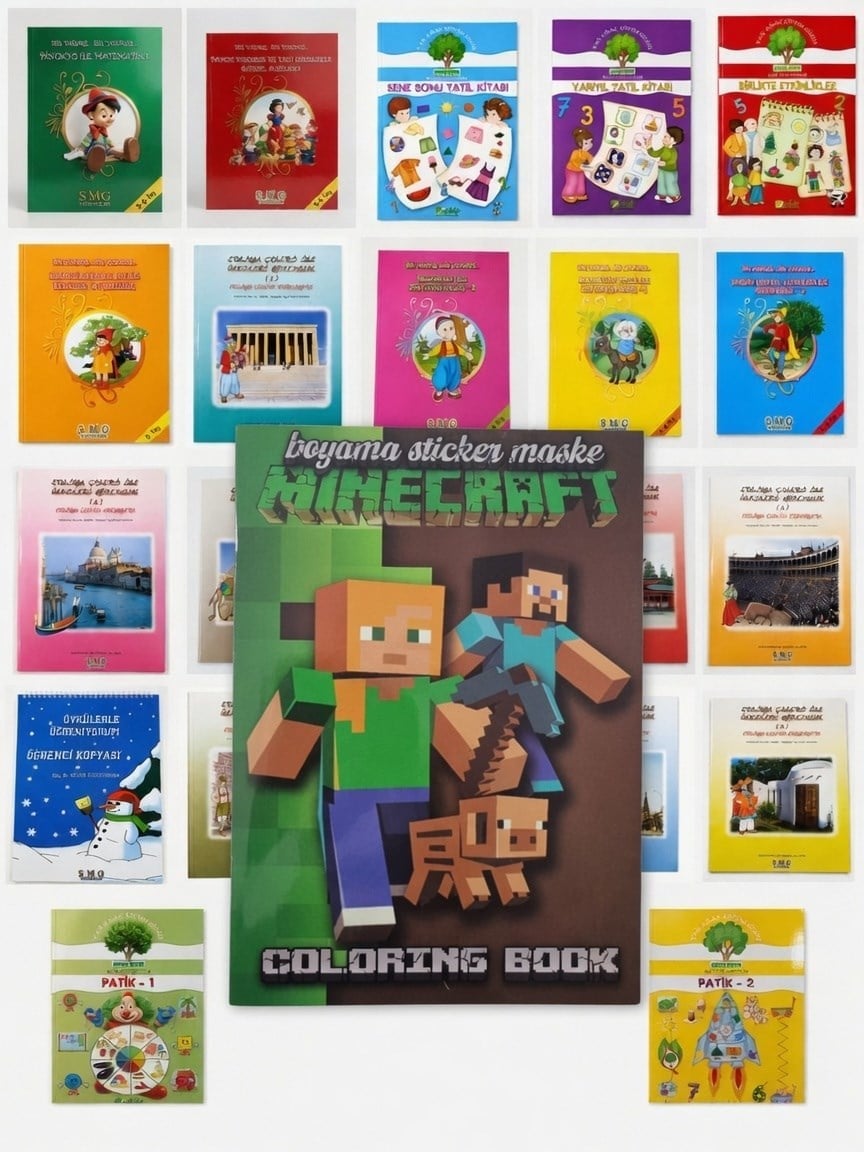 24 lü Tatil Seti Etkinlik-kavram-Boyama-Dikkat-matematik 4-7 yaş + Minecraft maske boyama stickers