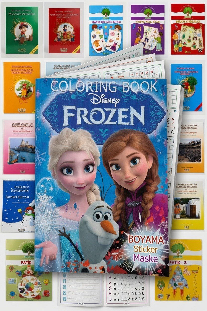 24 lü Tatil Seti Etkinlik-kavram-Boyama-Dikkat-matematik 4-7 yaş + Frozen maske boyama stickers