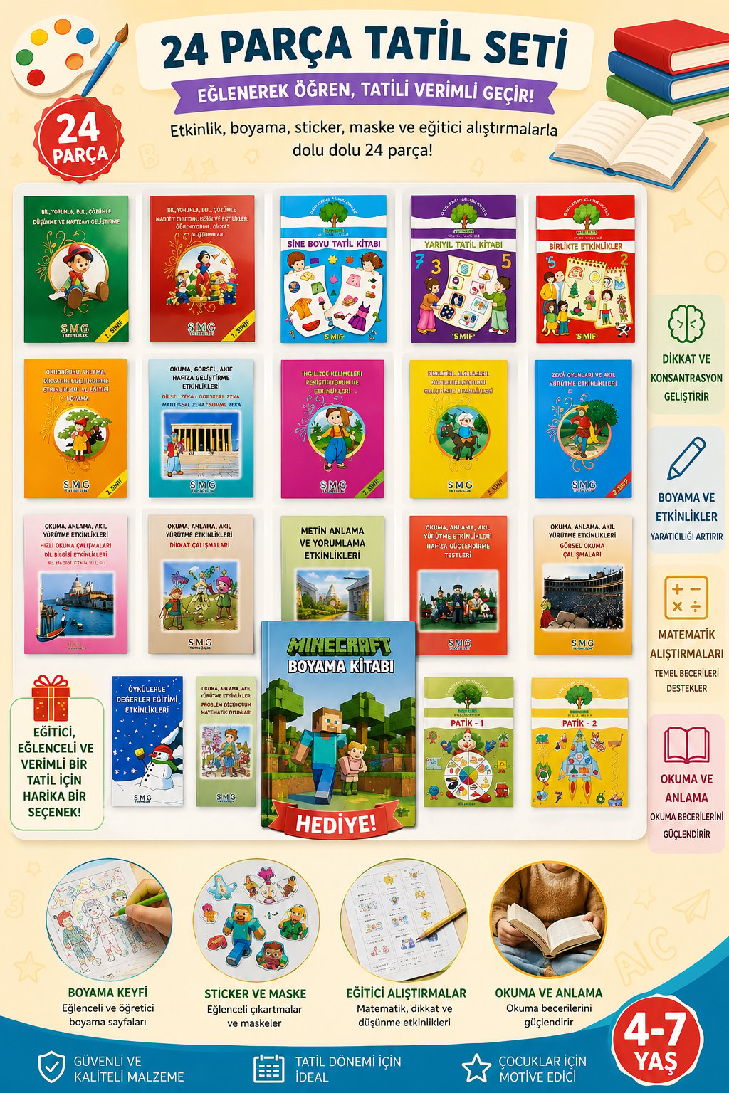24 lü Tatil Seti Etkinlik-kavram-Boyama-Dikkat-matematik 4-7 yaş + Minecraft maske boyama stickers