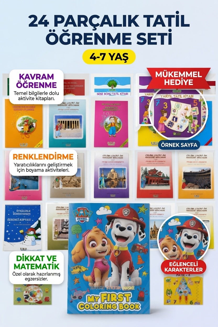 24'lü Tatil Seti Etkinlik Kavram Boyama Dikkat Matematik 4-7 Yaş Paw Patrol Hediyeli