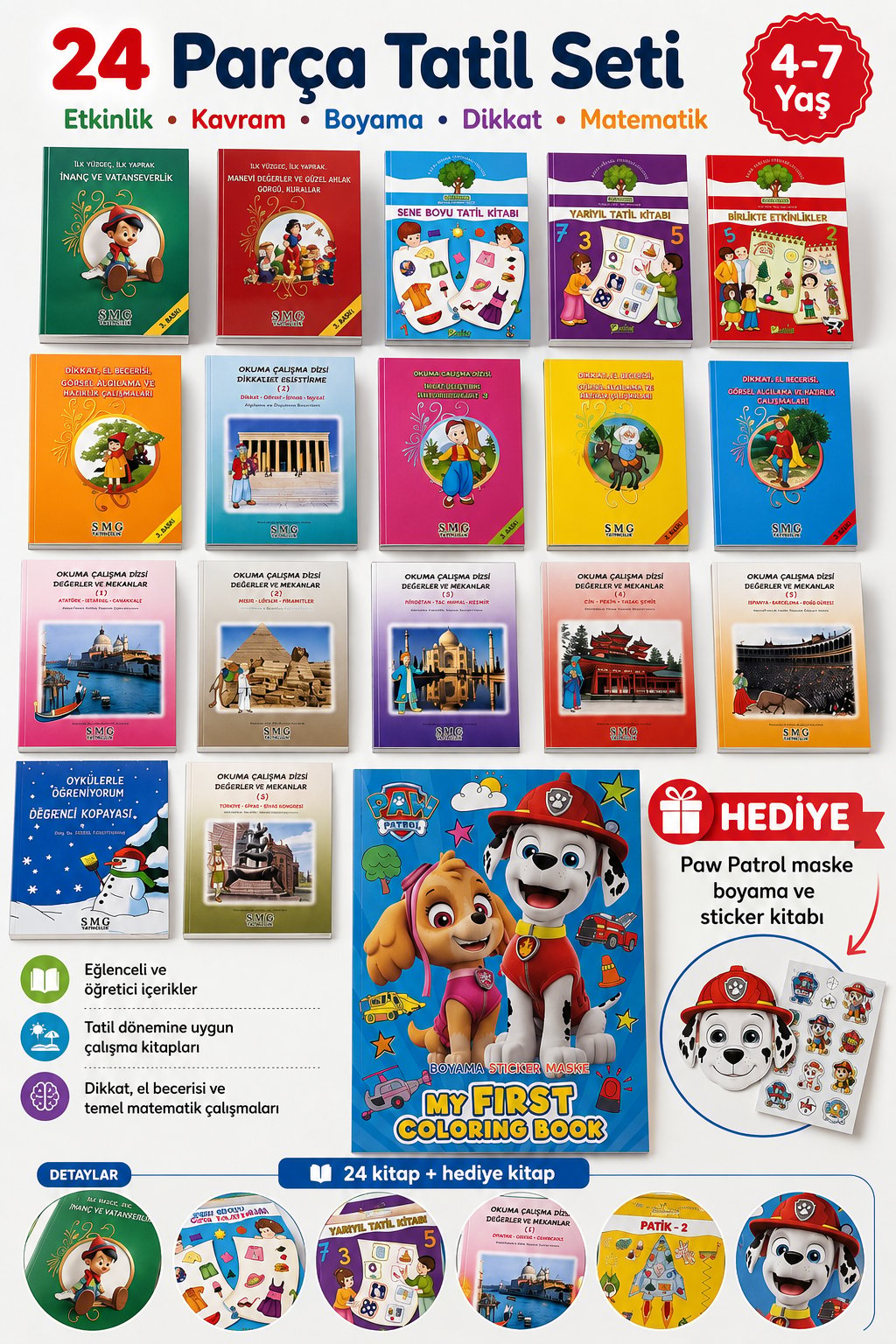 24'lü Tatil Seti Etkinlik Kavram Boyama Dikkat Matematik 4-7 Yaş Paw Patrol Hediyeli