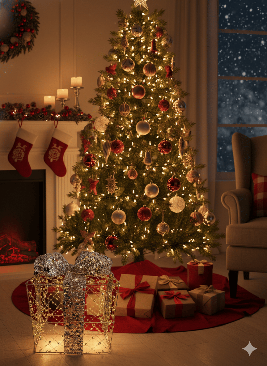 25 x 25 cm Yılbaşı Hediye Paketi Metal - Payetli Pullu Lüks Gold-Gümüş Boncuklu Noel ağaç altı süsü