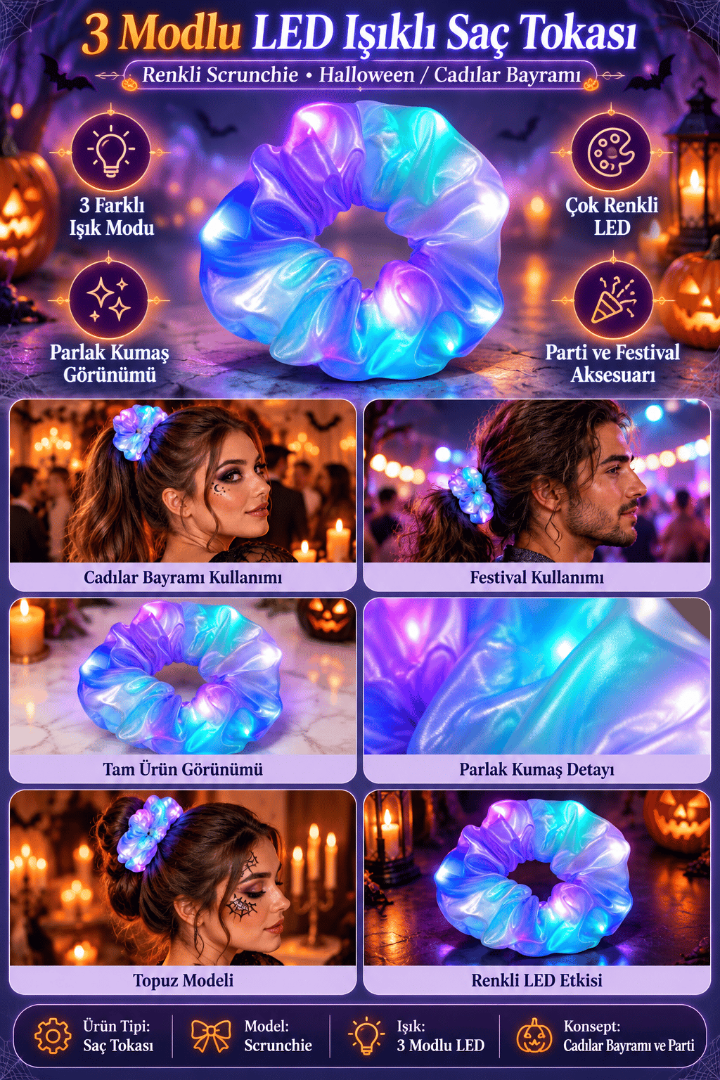 3 Mod Işıklı LED Saç Tokası Renkli Parlayan Scrunchie Parti Festival Saç Aksesuarı