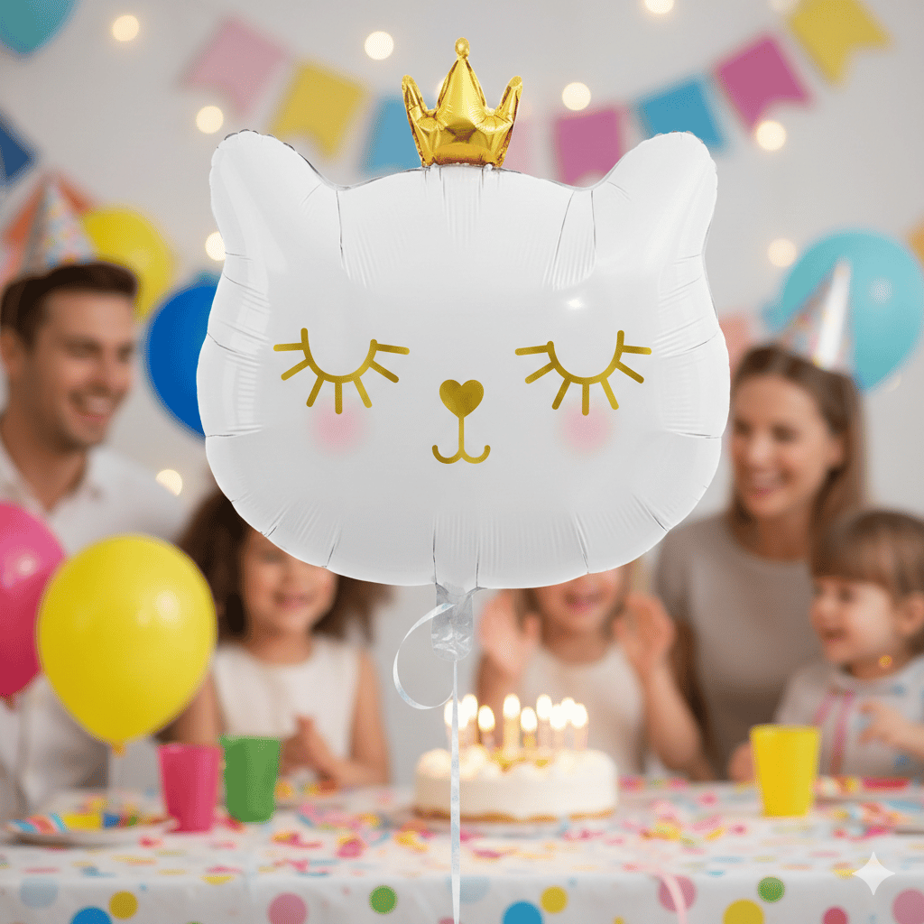 30 İnç Beyaz Kedi Kafası Taçlı Folyo Balon - Doğum Günü Parti Dekorasyon Balonu