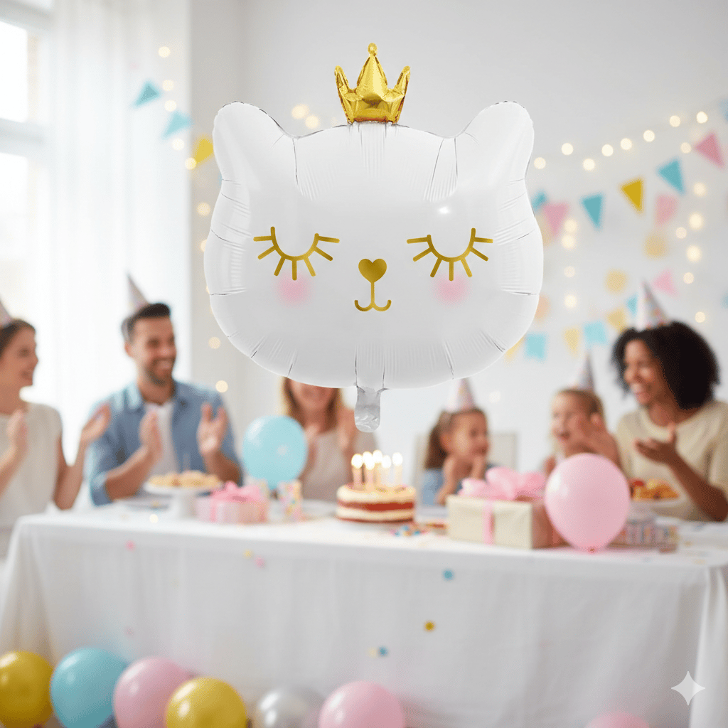 30 İnç Beyaz Kedi Kafası Taçlı Folyo Balon - Doğum Günü Parti Dekorasyon Balonu