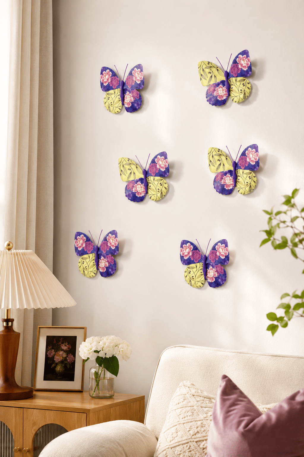 3D Kelebek Duvar Süsü – Vintage Desenli Yapışkanlı Sticker Duvar Dekoru Mor Sarı