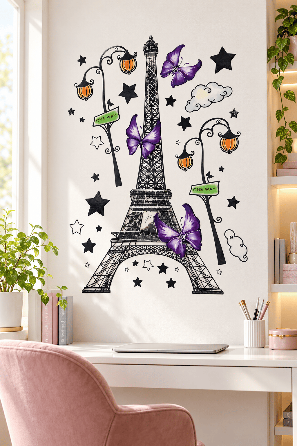 3D Renkli Eyfel Kulesi Duvar Stickerı 32x50 cm Mor Kelebekli Paris Temalı Oda Duvar Dekorasyonu
