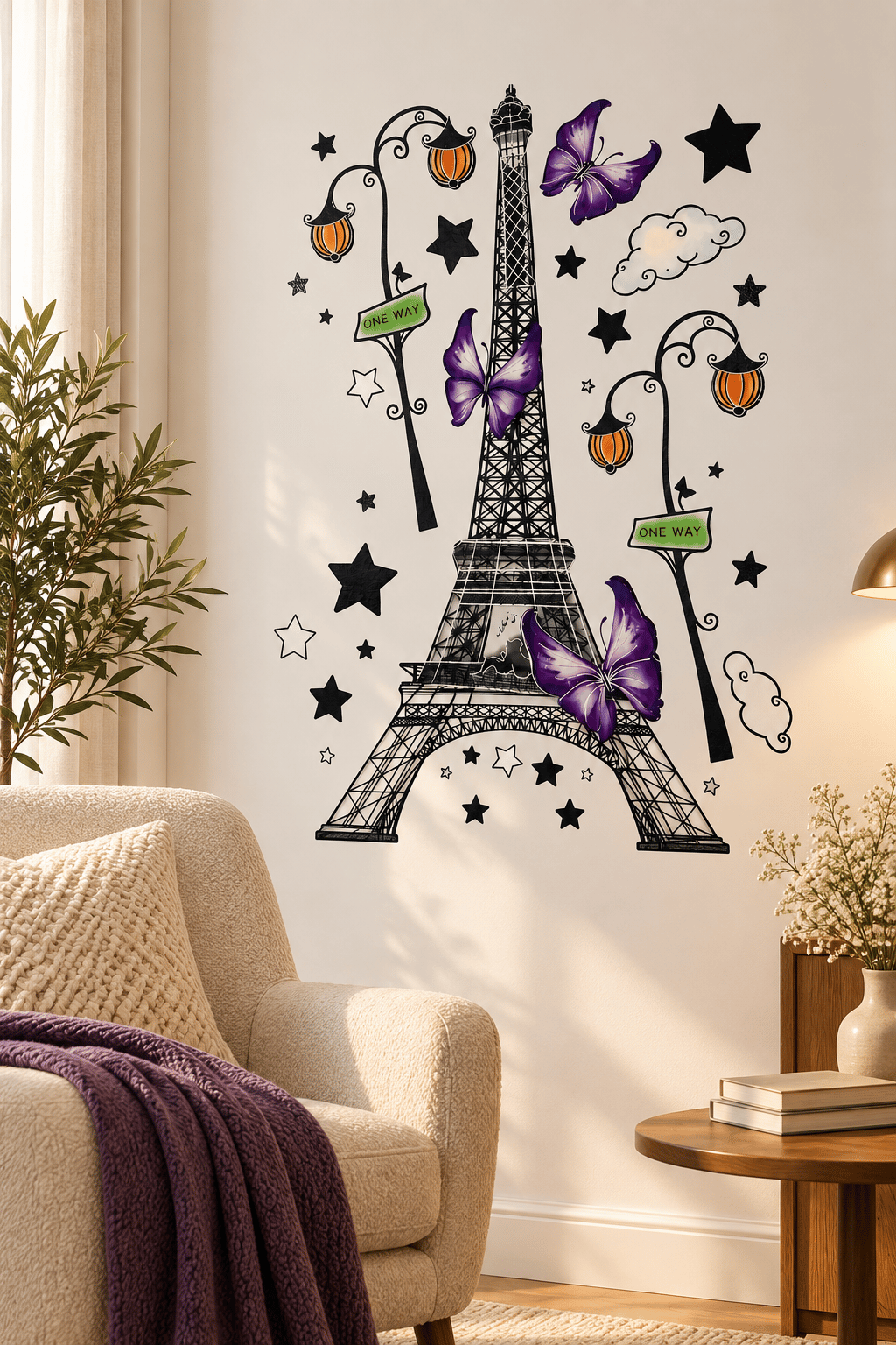 3D Renkli Eyfel Kulesi Duvar Stickerı 32x50 cm Mor Kelebekli Paris Temalı Oda Duvar Dekorasyonu
