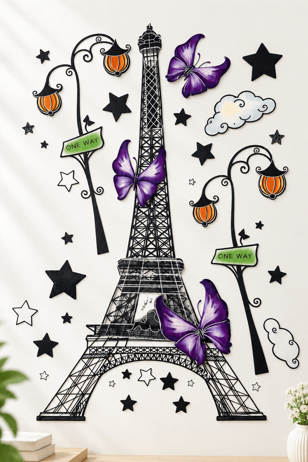 3D Renkli Eyfel Kulesi Duvar Stickerı 32x50 cm Mor Kelebekli Paris Temalı Oda Duvar Dekorasyonu