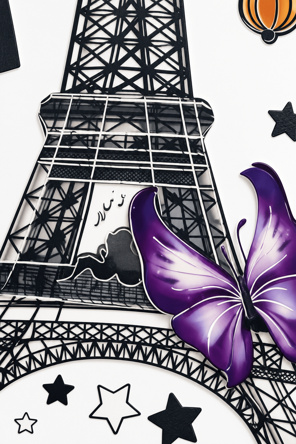 3D Renkli Eyfel Kulesi Duvar Stickerı 32x50 cm Mor Kelebekli Paris Temalı Oda Duvar Dekorasyonu