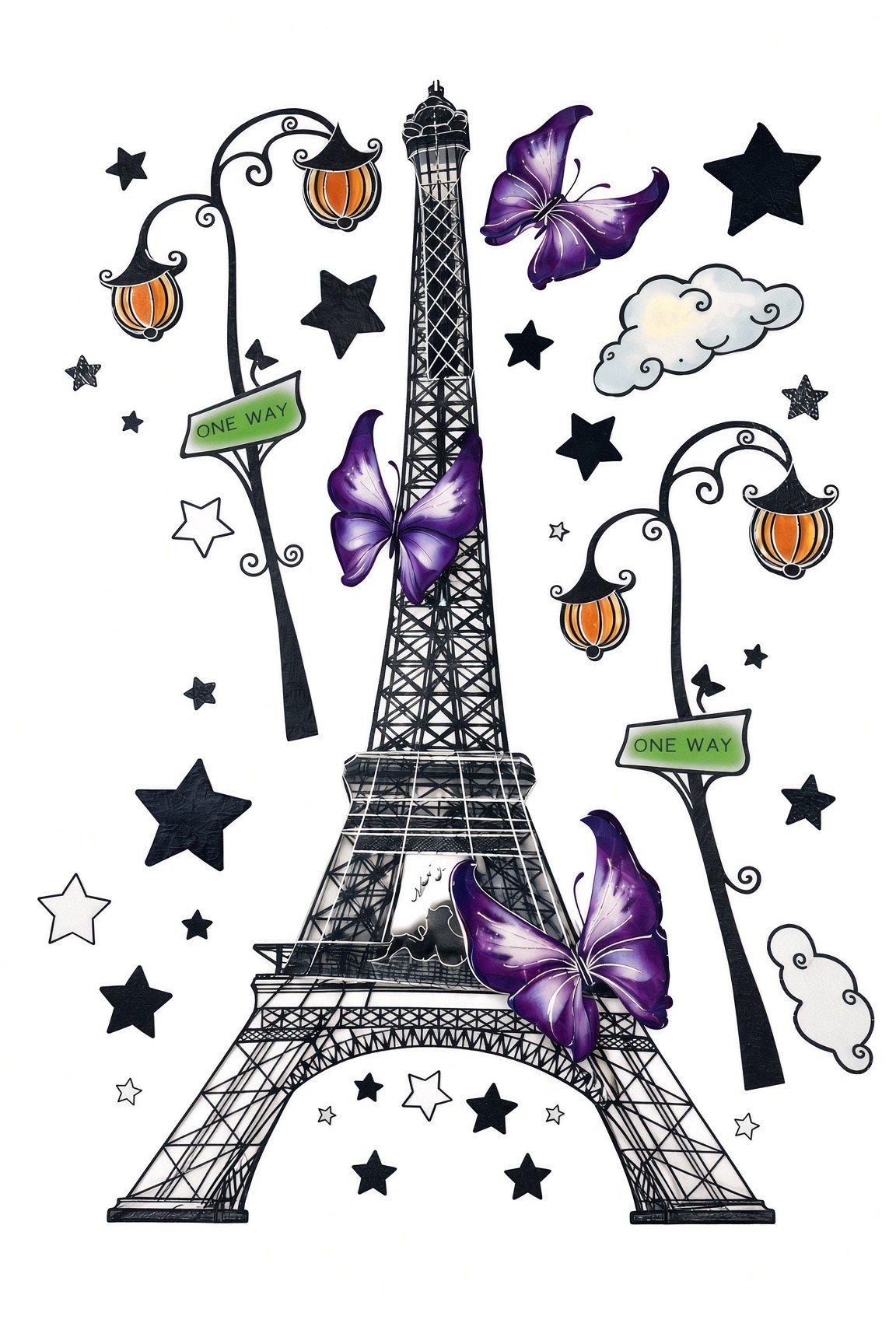 3D Renkli Eyfel Kulesi Duvar Stickerı 32x50 cm Mor Kelebekli Paris Temalı Oda Duvar Dekorasyonu