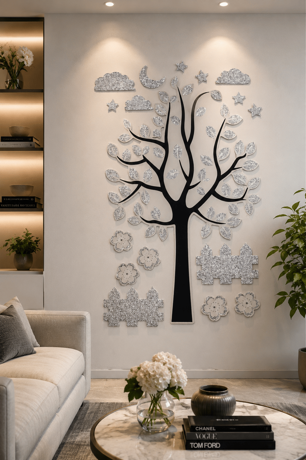3D Simli Ağaç Duvar Stickerı  Dekoratif Ağaç ve Yaprak Desenli Duvar Süsü (32x50 cm)
