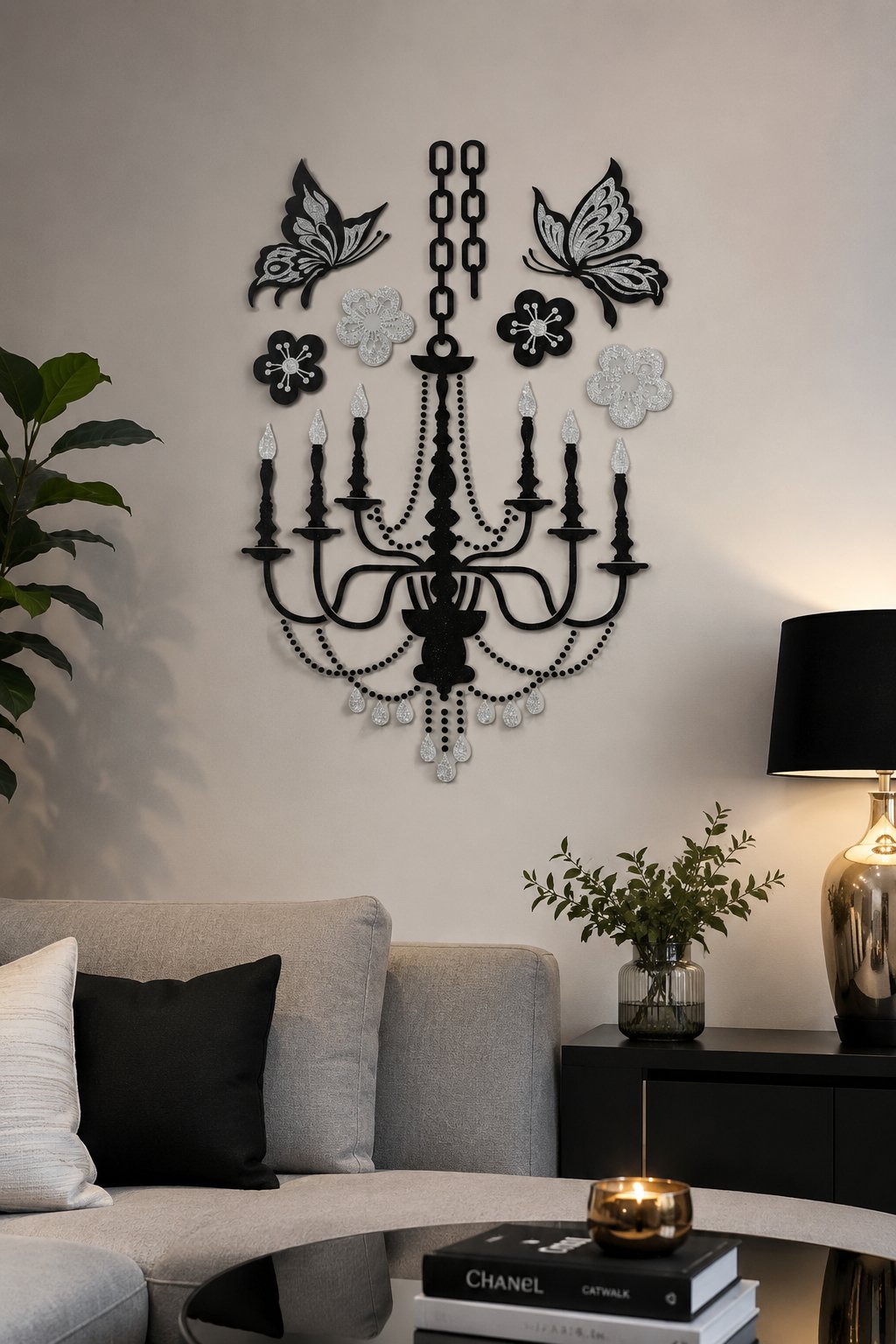 3D Simli Avize Duvar Stickerı – Siyah Gümüş Dekoratif Duvar Süsü (32x50 cm)