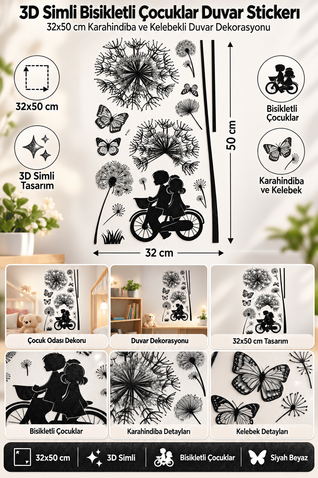3D Simli Bisikletli Çocuklar Duvar Stickerı 32x50 Duvar Dekarasyonu