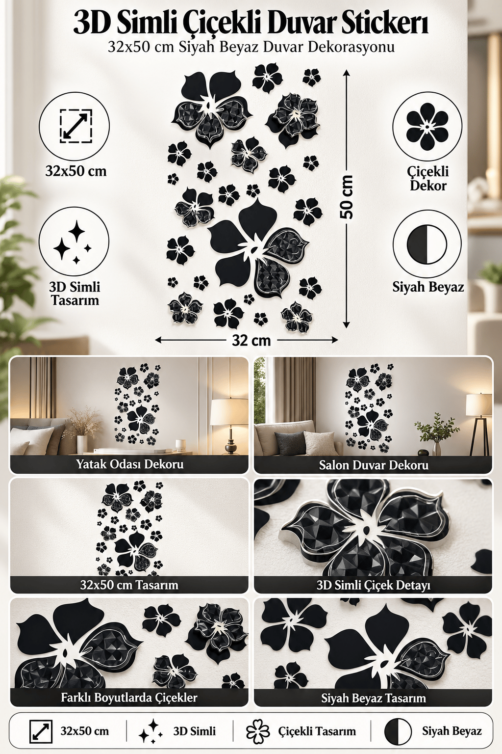 3D Simli Çiçekli Duvar Stickerı 32x50 Duvar Dekarasyonu