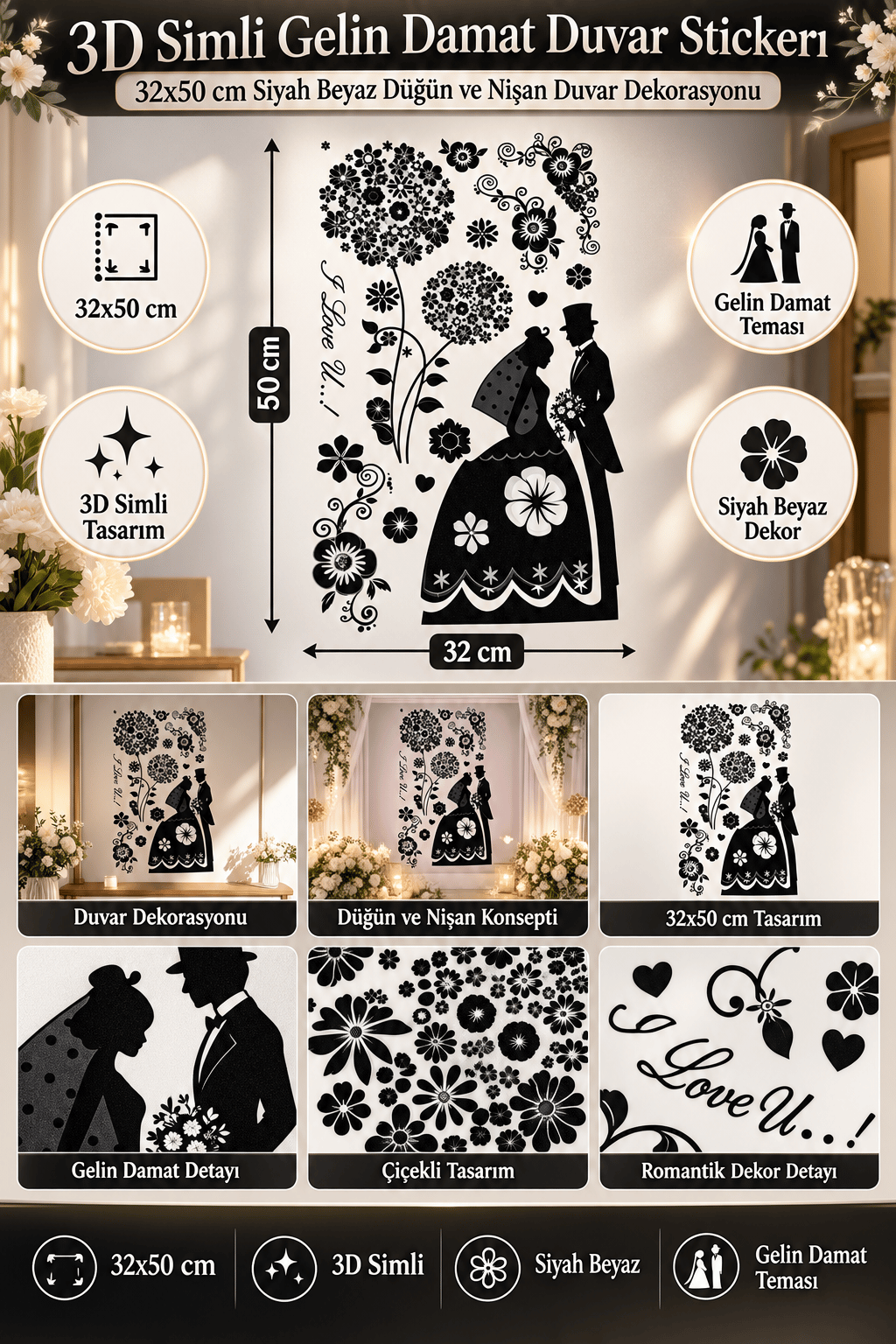 3D Simli Gelin-Damat Duvar Stickerı 32x50 Duvar Dekarasyonu