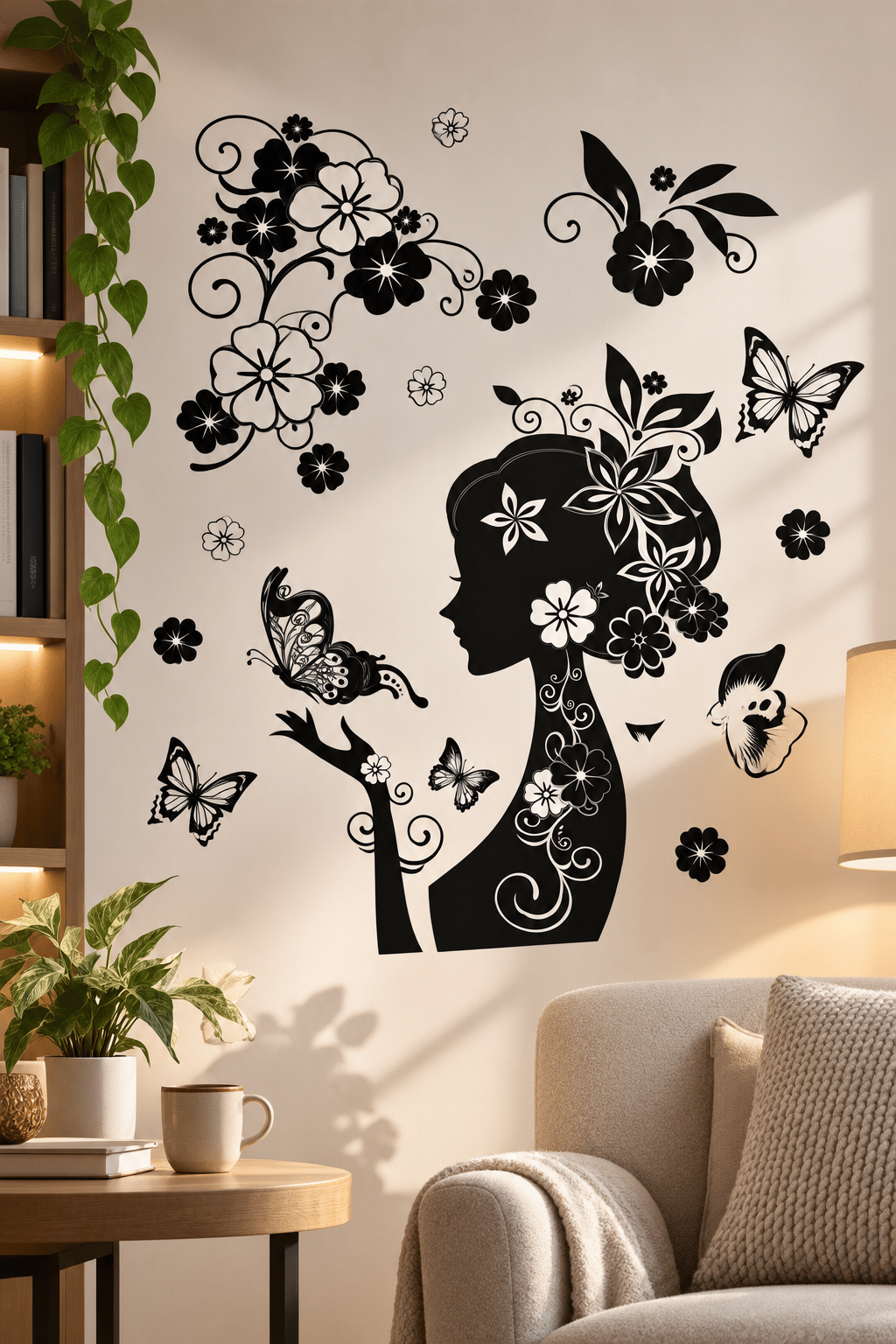 3D Simli Güzel kadın Kelebekli Çiçekli Duvar Stickerı 32x50 Duvar Dekarasyonu