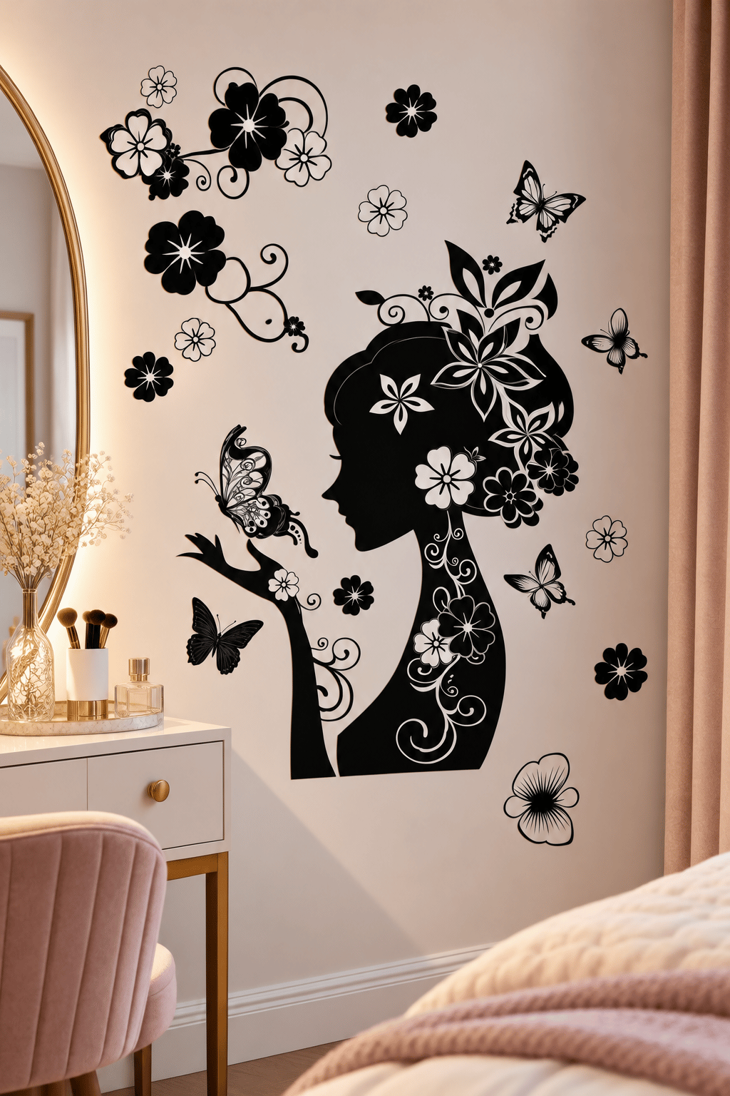 3D Simli Güzel kadın Kelebekli Çiçekli Duvar Stickerı 32x50 Duvar Dekarasyonu