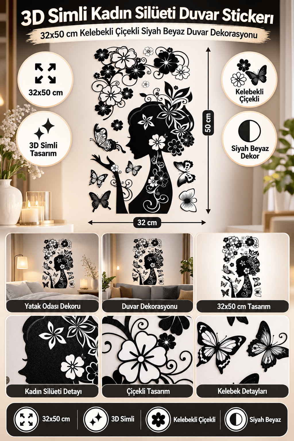 3D Simli Güzel kadın Kelebekli Çiçekli Duvar Stickerı 32x50 Duvar Dekarasyonu